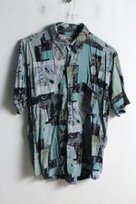 Mens Vintage 90s Jazzy Print Shirt -Blue - Size M Medium (d63)