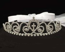 Girls First 1st Communion Crown Rhinestone Cross Tiara Head Piece Veil 