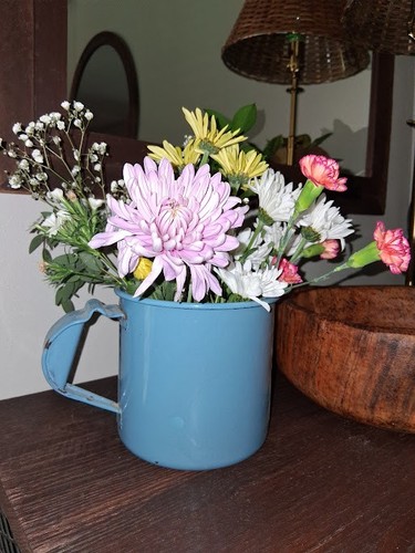 Enamelware mug flower pot - enamelware,