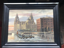 Oil painting ,Albert Dock, Liverpool dated 1958 by Steven Scholes