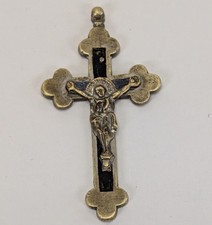 Antique 6.5 cm Brass and Ebony Inlay Religious Crucifix Cross Pendant Rosary