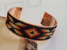 Native American Style Copper Seed Beaded Adjustable Bracelet Cuff Blue Red