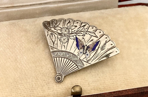 Victorian silver fan brooch - victorian,