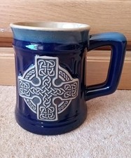 Large Celtic Style Pottery StonewarMug 5 Ins Tall X4 Ins Wide  Blue Kitchen Ware