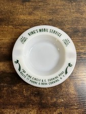 Kings Mobil Service Corning NY Gas Station Milk Glass Ashtray Green Stamps