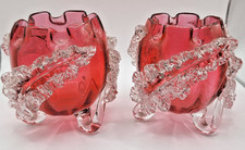 Antique Victorian Pair Nailsea Cranberry Glass Fern Vases - 10cm Tall  c1860 A/F