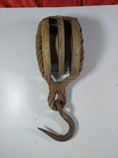 Antique Wooden Pulley With Rope And Iron Hook