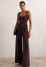 REISS Dion Wide-Leg Cut-Out Jumpsuit in Burgundy UK Size 14