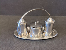 VINTAGE OLD HALL STAINLESS STEEL CRUET SET ON CARRY TRAY SALT, PEPPER & MUSTARD