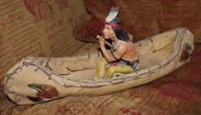 Large Hand Painted Vintage Native American Indian Figurine in Rawhide Canoe