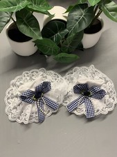 Romany Frilly School Socks Shoe Size 6-8.5 White Lace And Navy Blue Checked Bows