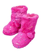 GIRLS PINK GLITTER FAUX FUR WARM PULL ON BOOTIE SLIPPERS HARD SOLE UK SIZE 8-2