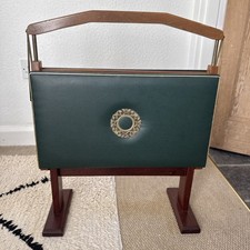 Mid Century Folding Teak & Green Leather  Leatherette Magazine Rack