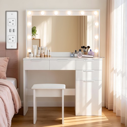 White dressing table - table, bulb