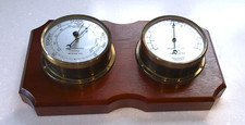 VINTAGE  SHIPS WEATHERMASTER MARINE BRASS BAROMETER  AND THERMOMETER ON MAHOGANY