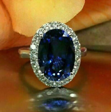 4Ct Oval Cut Blue Sapphire & Diamond Halo Engagement Ring 14K White Gold Finish
