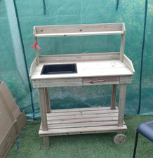 Garden Potting Table Bench Outdoor Wooden Workstation Wheels Tray Christow