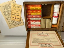 Vintage large wooden Sanoid First Aid Box, wall mountable, drop front, props