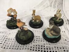 Set Of 5 COLLECTABLE ANIMAL ORNAMENTS WOODEN BASES Mouse Bunny Robin Otter Owl