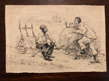 19th century pen and ink drawing French agricultural labourers