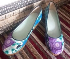 DESIGUAL Ladies Smart Blue Mix Floral Boho Hippy Cork Wedges Shoes 39/UK 6