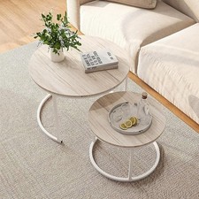 Round Coffee Table Living Room,OAK Coffee Table Nesting Table Set of 2,Metal Fra