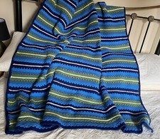 Handmade Afghan Crochet Striped Blanket Throw Crochet Blue & Green 51" x 49"