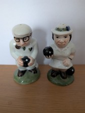 Ceramic Novelty Salt and Pepper Shakers....Lady and Gent Bowlers...10 cms Tall