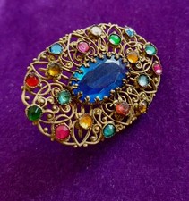 Vintage Brooch Art Deco Ornate Old Goldtone Filigree Multicolour Czech Glass 