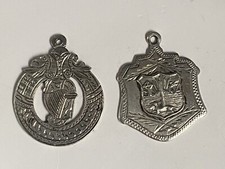 Vintage 2x c1937 Irish Motif Solid Silver Celtic Harp Medals Fobs Pendants