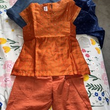 Baby Girl Asian orange Silk Suit Dress outfit Eid Diwali Navratri Age 6-12months