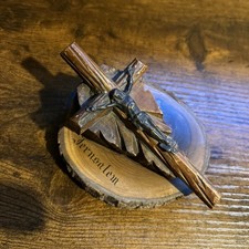 Antique Crucifix mounted on olive wood palm leaf marked Jerusalem 12cm