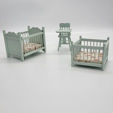 Dolls house Blue crib/cot Bed, High chair Playpen nursery bedroom furniture 1:12