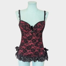 Vintage burlesque basque red black lace bodice & plunge cups. Ribbon frills 14