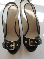 LK Bennett Shoes Black Patent Leather Wedges & 2.5" Rope Heel Peep Toe Size 36/4