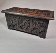 Old Hand Carved Oak Apprentice Miniature Coffer Chest Wooden Trinket Box