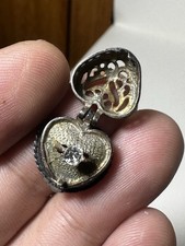 Vintage Silver Tone Heart Locket Pendant with Filigree Design & Clear Stone