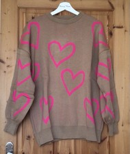 Women’s Knitted Jumper Mocha Brown With Hot Pink Doodle Heart One Size 12 14 16
