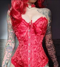 Ladies Sexy Red Lace Up Corset Size Medium 8 10 Burlesque Goth Silky Halloween