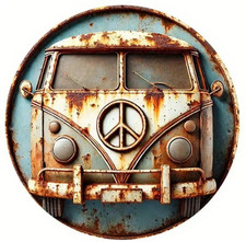 Vintage VW Van Wall Art – Retro Peace Bus Metal Sign, Distressed Hippie Camper