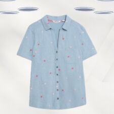Ex White Stuff Women's Short Sleeve Pocket Embroidered Jersey Shirt in Blue