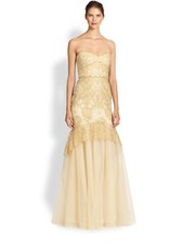 Marchesa Notte gold sequin lace tulle ball gown mermaid flare UK 14