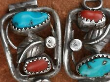 Navajo Native Turquoise Coral Silver Watch Bracelet