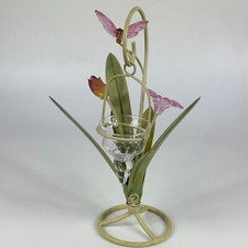 Vintage French Tall Curved Metal Ornate Toleware & Glass Vase with Butterfly