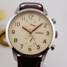 Fossil Mens Chronograph Watch Cream Dial Brown Leather Strap 5ATM