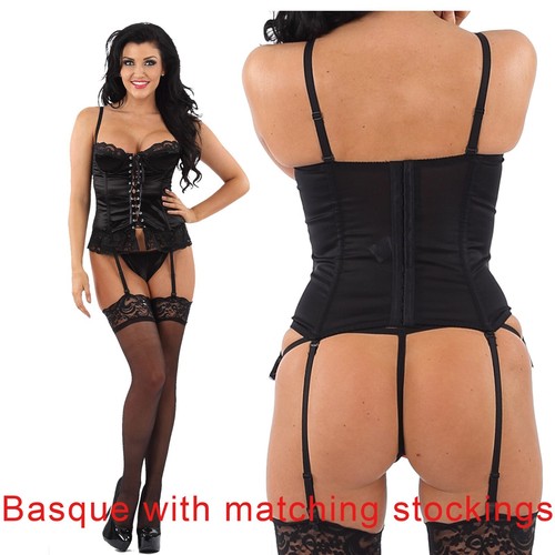 Black satin basque corset - black, &