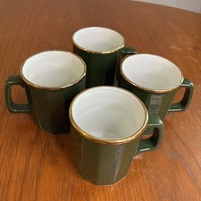 4 APILCO PORCELAINE FRANCE ~ BISTRO WARE GREEN GOLD ~ 3 1/2" COFFEE / TEA MUGS