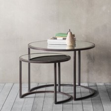 Gard 80cm SetOf 2 Mirrored Glass Brass Round Circular Nesting Coffee Side Tables