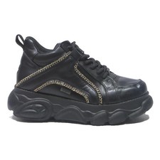 BUFFALO Classic Womens Lace-Up Platform Trainers Black Leather UK 5 Stylish