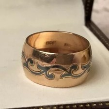 Original Vintage Soviet Russian Rose Gold 583 14K Ring Black Enamel Size 5.5